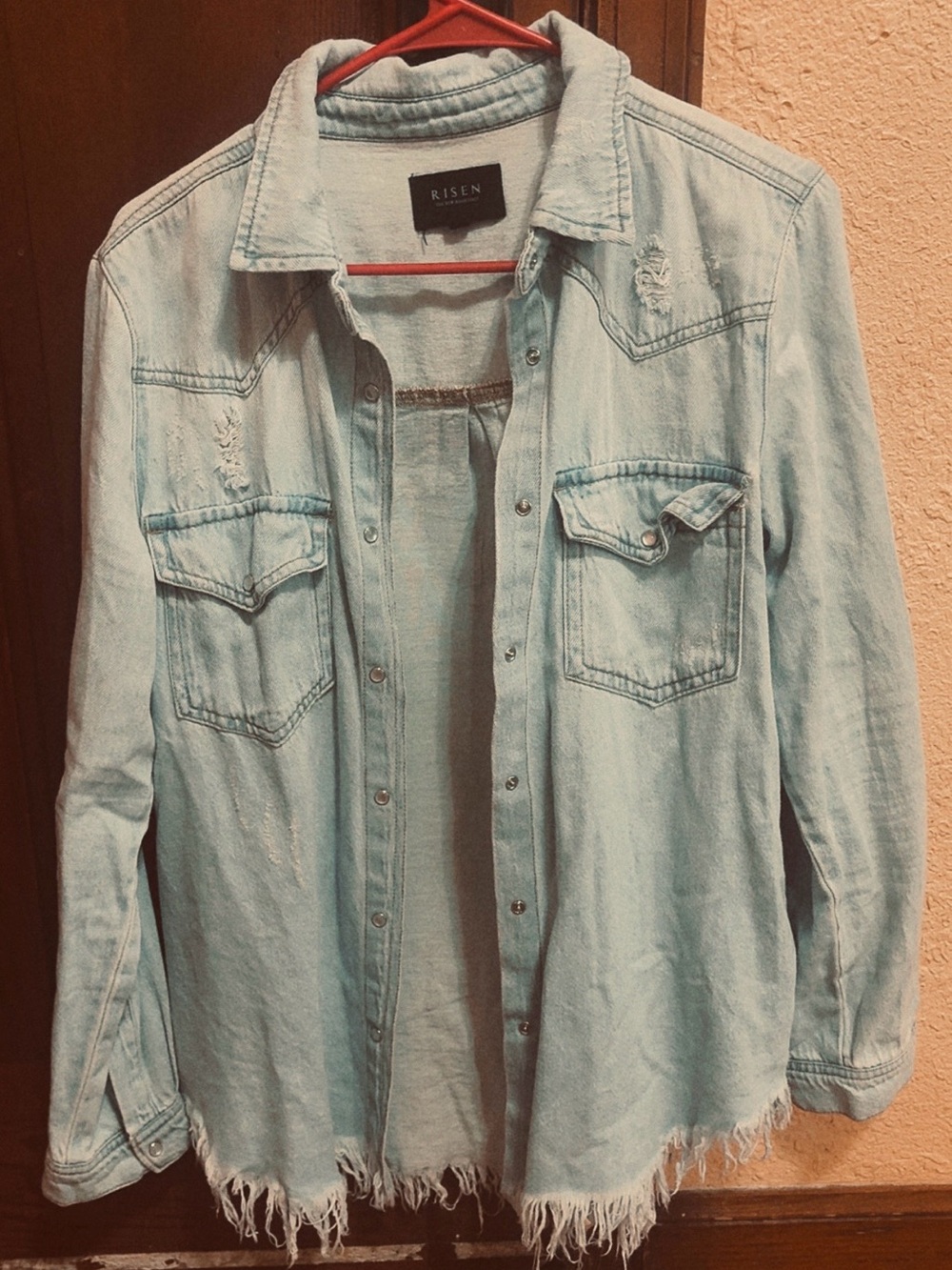 Risen Light Blue Distressed Denim Button-Front Shirt Jacket